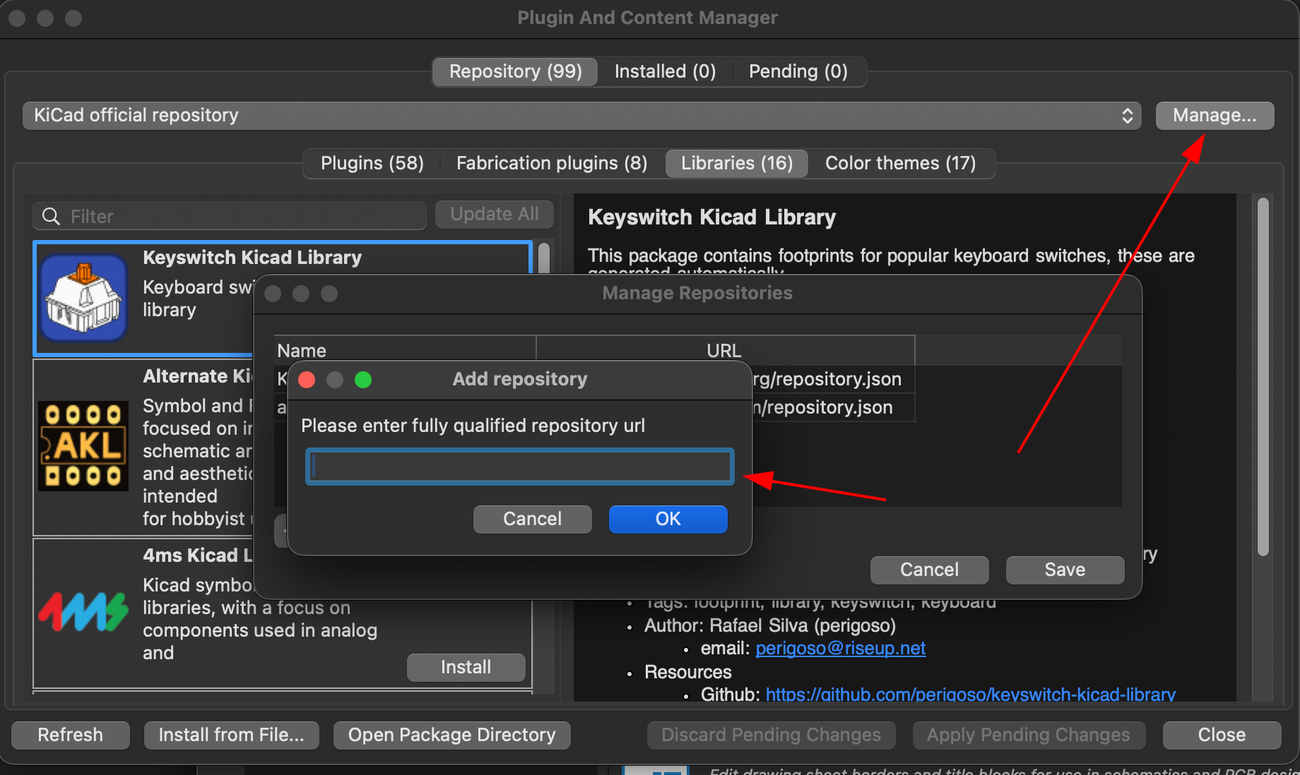 Adding the PCM repository URL in KiCad